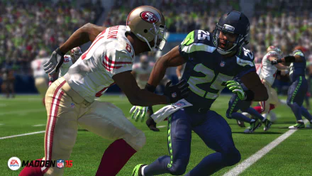 HD desktop wallpaper featuring a scene from Madden NFL 16 with a San Francisco 49ers player tackling a Seattle Seahawks player.