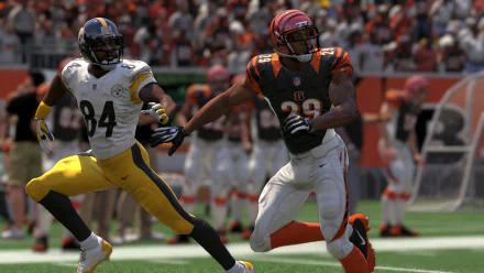 HD desktop wallpaper of a Madden NFL 16 in-game action scene with two football players on the field.