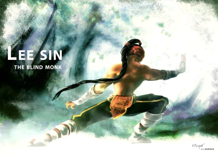Lee Sin, the Blind Monk from the video game League of Legends — HD PC desktop wallpaper showing him mid-kick in a misty, painterly forest.