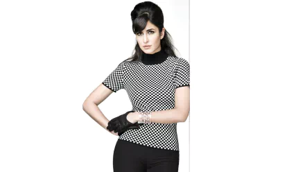 Katrina Kaif poses stylishly in a black and white checkered top, with sleek hair and a chic look, featured as an HD PC desktop wallpaper and background.