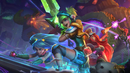 A vibrant HD wallpaper featuring Hecarim, Miss Fortune, Sona, and Riven from League of Legends, showcasing action-packed poses in a colorful fantasy setting.
