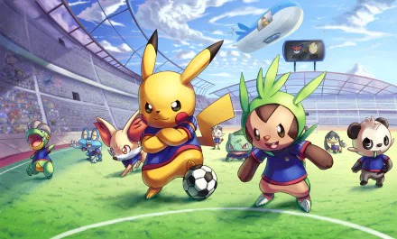 HD desktop wallpaper featuring Pikachu, Froakie, Fennekin, Chespin, and other Pokémon in an anime-style soccer match at a stadium.