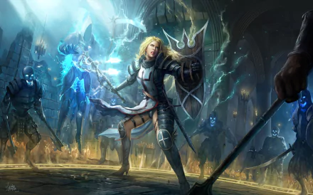 Crusader (Diablo III) in armor wielding shield and flail against undead in a dark cathedral — Diablo III: Reaper of Souls video game 2K Quad HD PC desktop wallpaper background.