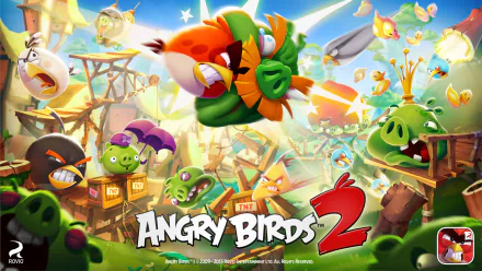 HD PC desktop wallpaper featuring vibrant characters from the video game Angry Birds 2 in an action-packed, colorful scene with birds and pigs in battle.