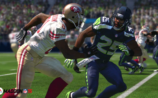 HD desktop wallpaper featuring a scene from Madden NFL 16 with a San Francisco 49ers player tackling a Seattle Seahawks player.