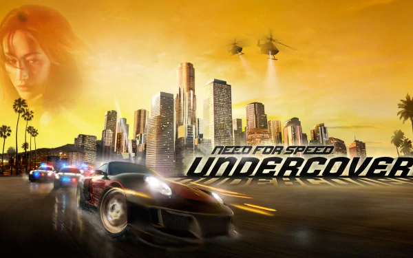 HD PC desktop wallpaper featuring a dynamic Need for Speed: Undercover scene with a sleek car, city skyline, and helicopters against a golden sunset sky.