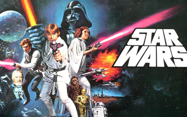 A vibrant HD wallpaper featuring characters Luke Skywalker, Princess Leia, and Darth Vader, with the Death Star in the background, from the movie Star Wars Episode IV: A New Hope.
