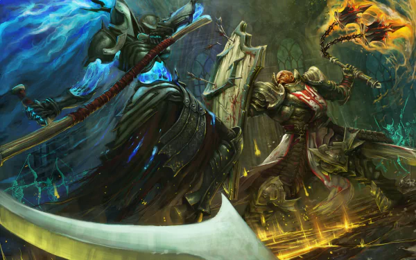 4K Ultra HD PC desktop wallpaper: Malthael facing a Crusader from the video game Diablo III: Reaper of Souls — grim angelic reaper and armored crusader clash amid swirling souls