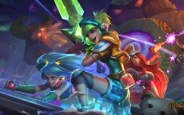 A vibrant HD wallpaper featuring Hecarim, Miss Fortune, Sona, and Riven from League of Legends, showcasing action-packed poses in a colorful fantasy setting.