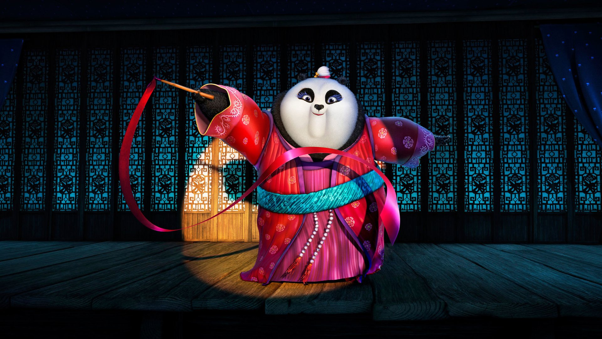 HD wallpaper of Mei Mei from Kung Fu Panda 3, standing on a stage in vibrant traditional attire, with a cheerful expression. The background features intricate, illuminated designs.