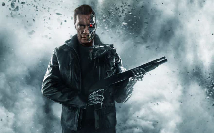 Arnold Schwarzenegger stands poised with a shotgun in this striking HD wallpaper from Terminator Genisys, showcasing a dramatic background of smoke and debris.