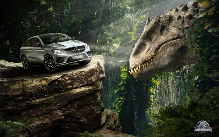 A Mercedes Benz GLE faces a massive dinosaur in a vibrant jungle scene, capturing the adventurous spirit of Jurassic World in this stunning HD wallpaper.