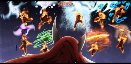 Naruto Uzumaki performs Rasengan with shadow clones in an action-packed HD desktop wallpaper from the Naruto anime series. The dynamic image showcases Naruto's power and determination.