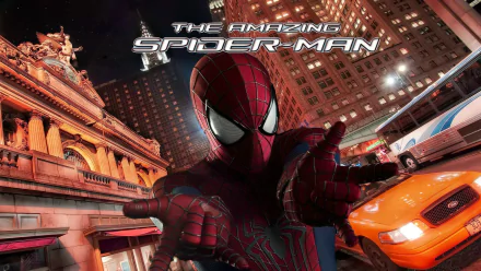 A vibrant HD desktop wallpaper featuring Spider-Man from The Amazing Spider-Man, set against a dynamic city backdrop with bright lights and an urban atmosphere.
