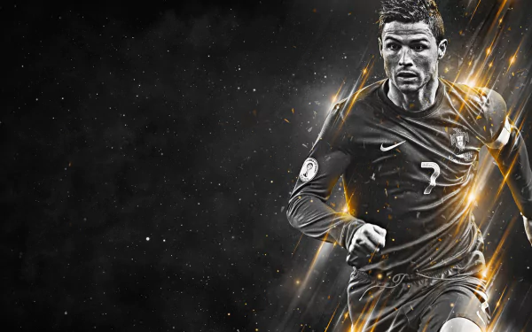 HD desktop wallpaper featuring Cristiano Ronaldo in action, surrounded by dynamic light effects, against a dark, starry background.