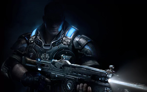 HD PC desktop wallpaper featuring a dark, intense character from the video game Gears of War 4 holding a large futuristic weapon.