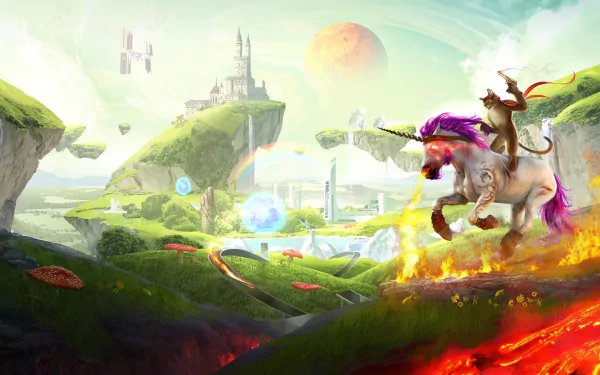 HD PC desktop wallpaper featuring vibrant, fantastical landscapes and a rider on a unicorn, inspired by the video game Trials Fusion.