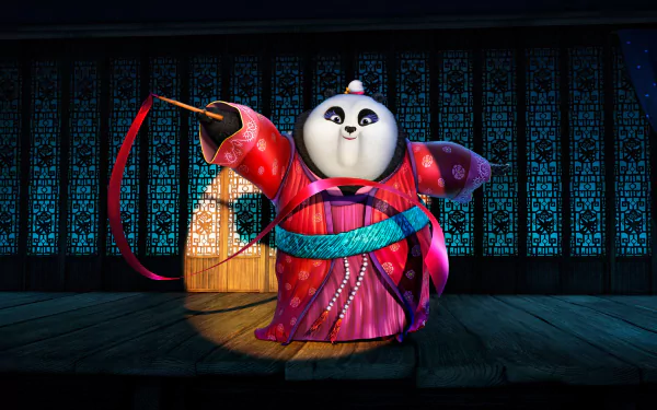 HD wallpaper of Mei Mei from Kung Fu Panda 3, standing on a stage in vibrant traditional attire, with a cheerful expression. The background features intricate, illuminated designs.