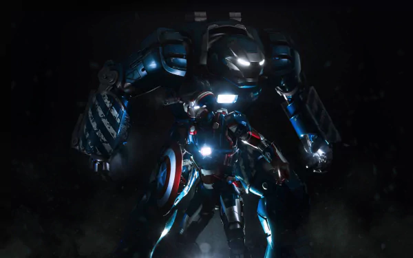 A dynamic HD wallpaper featuring Iron Patriot from the movie Iron Man 3, showcasing his striking armor in a dramatic, dark background.