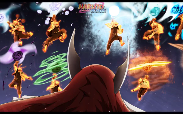 Naruto Uzumaki performs Rasengan with shadow clones in an action-packed HD desktop wallpaper from the Naruto anime series. The dynamic image showcases Naruto's power and determination.