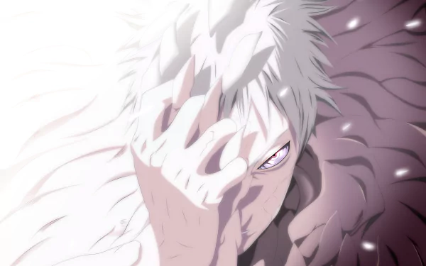 Anime HD wallpaper featuring Obito Uchiha from Naruto with Rinnegan and Jinchūriki elements, showcasing a dramatic close-up of his face partially covered by his hand.