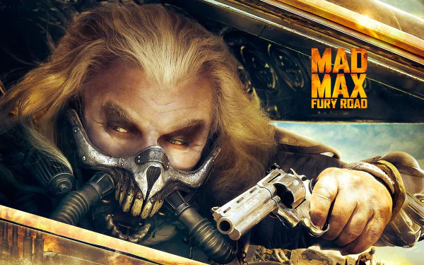 HD desktop wallpaper featuring Hugh Keays-Byrne as Immortan Joe from the movie Mad Max: Fury Road, showcasing the iconic character in a dramatic close-up.