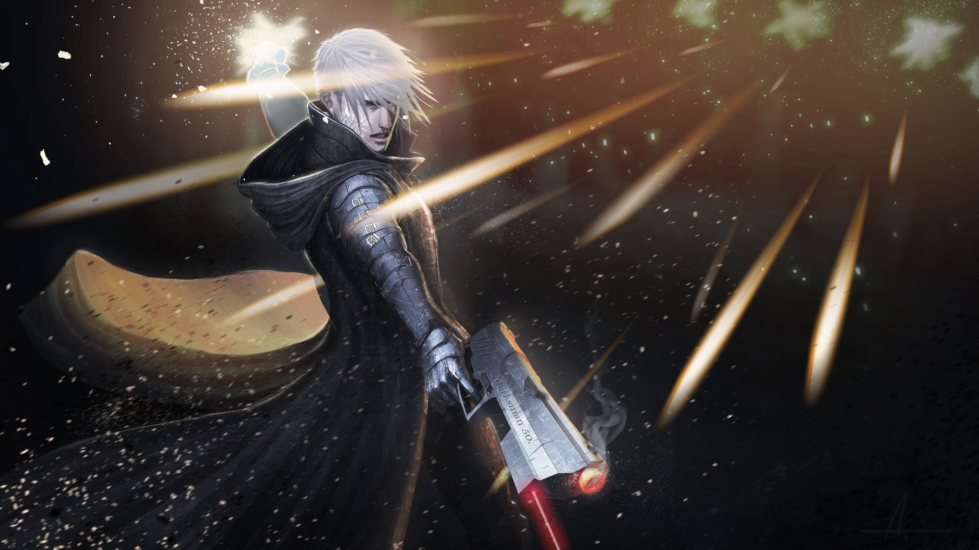 Fantasy warrior in a dark cloak thrusting a glowing blade through an ember-filled night — 2K Quad HD PC desktop wallpaper/background.