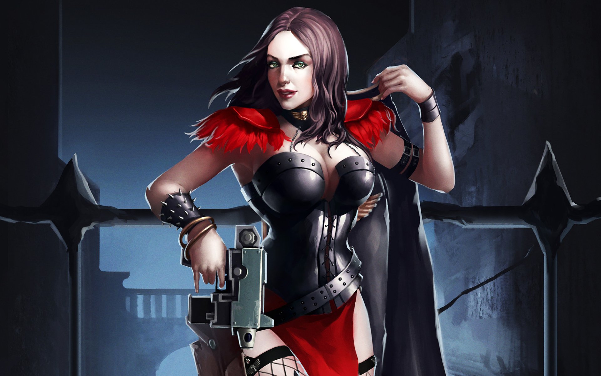 HD PC desktop wallpaper featuring a Warhammer 40k character, a fierce female warrior in black armor with red accents, set against a dark, gothic background.