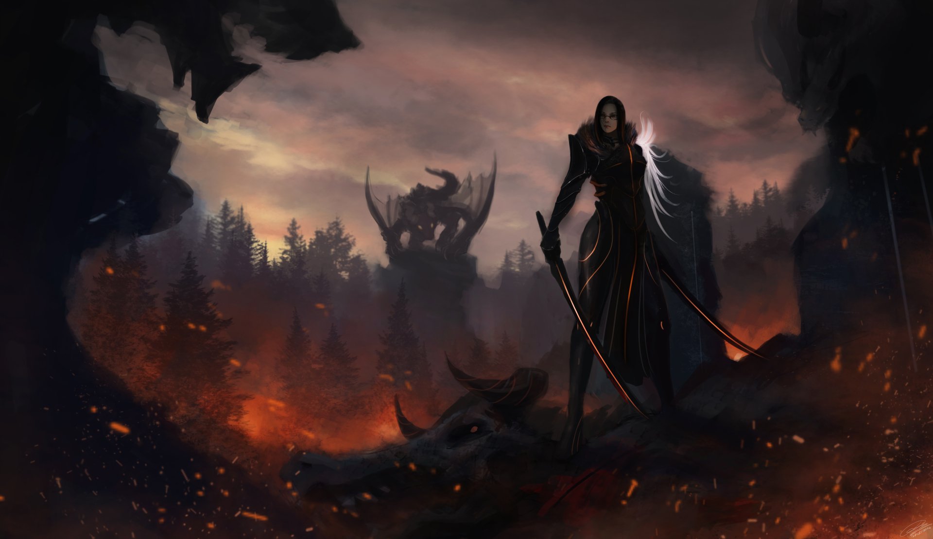 A fierce woman warrior stands poised on a defeated creature amidst a fiery landscape, with dark mountains and ominous figures looming in the background. Fantasy-themed 4K Ultra HD wallpaper.