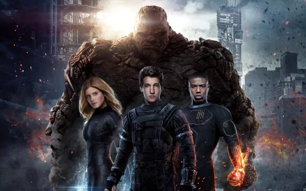 The HD desktop wallpaper features Ben Grimm, Johnny Storm, Susan Storm, Reed Richards from the movie Fantastic Four (2015) as The Thing, Human Torch, Invisible Woman, and Mister Fantastic, respectively.