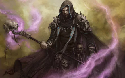 Fantasy wizard cloaked in dark robes wields a staff emitting purple magical energy in a dramatic HD PC desktop wallpaper background.