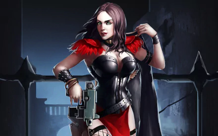 HD PC desktop wallpaper featuring a Warhammer 40k character, a fierce female warrior in black armor with red accents, set against a dark, gothic background.