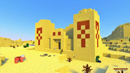 HD desktop wallpaper of a Minecraft desert temple with a pig, set against a sunny sky. The temple's sandstone structure and red patterns stand out in the bright desert landscape.
