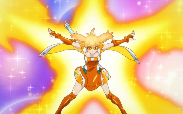 HD PC desktop wallpaper/background of Mikatan Narugino from Punch Line: orange-clad anime heroine mid-jump with ribbons and a bright starburst of sparkles.