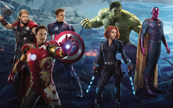 High-definition desktop wallpaper featuring Iron Man, Black Widow, Hulk, Captain America, Thor, and Vision from Marvel's Avengers: Age of Ultron. A dynamic superhero ensemble.