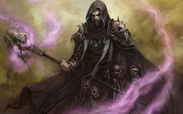 Fantasy wizard cloaked in dark robes wields a staff emitting purple magical energy in a dramatic HD PC desktop wallpaper background.