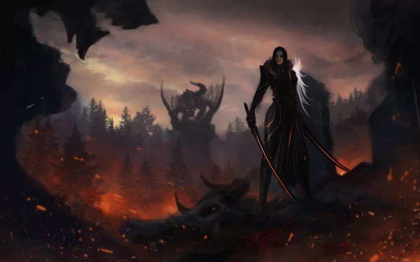 A fierce woman warrior stands poised on a defeated creature amidst a fiery landscape, with dark mountains and ominous figures looming in the background. Fantasy-themed 4K Ultra HD wallpaper.