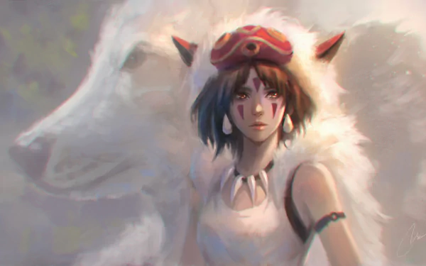A stunning HD wallpaper featuring a character from Princess Mononoke, wearing a traditional outfit and a wolf headdress, with a ghostly wolf in the background, embodying nature's spirit.