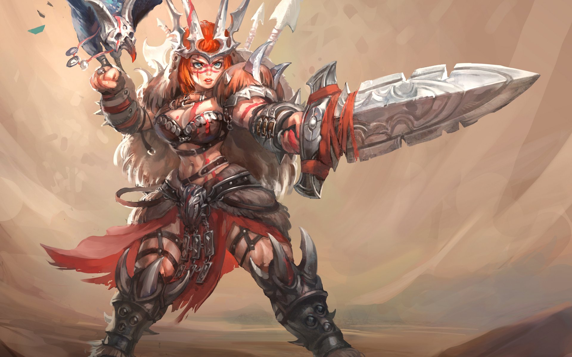 4K Ultra HD PC desktop wallpaper: fantasy woman warrior in spiked armor brandishing a massive blade, standing ready amid dust and flying feathers.