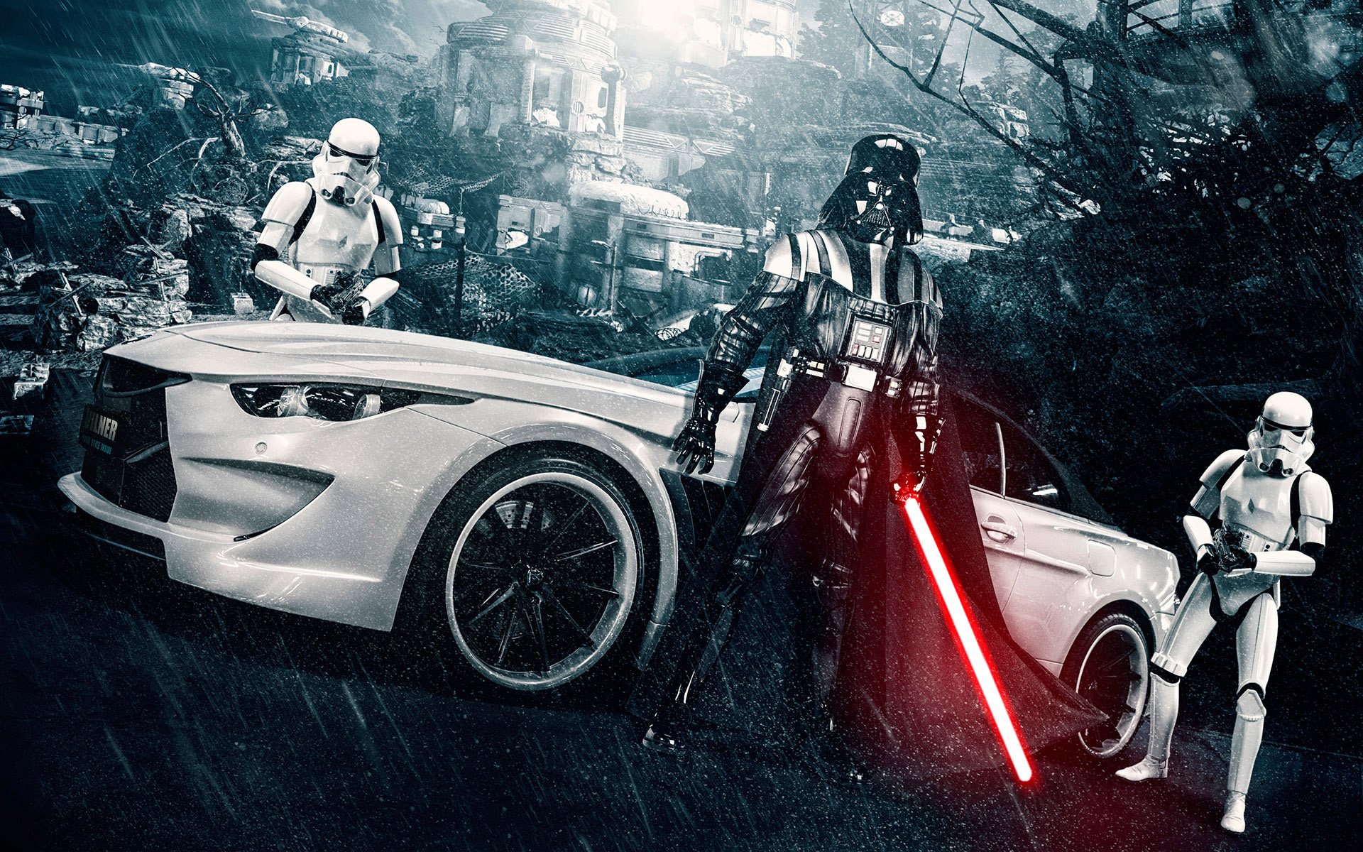 Star Wars-themed HD desktop wallpaper featuring Darth Vader with a red lightsaber, stormtroopers, and a sleek white BMW M6 vehicle in a dark, futuristic setting.