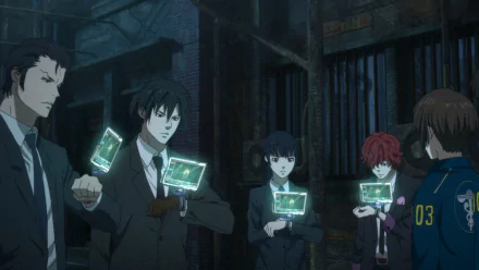 Anime HD PC desktop wallpaper background: scene from Psycho-Pass Movie — five investigators in a shadowy alley holding glowing holographic panels.