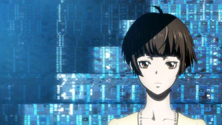Anime portrait of a short-haired woman from Psycho-Pass Movie set against a blue, data-like digital backdrop — HD PC desktop wallpaper/background.