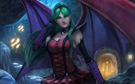 A striking succubus character stands in a mystical cave, adorned with vibrant blue-green hair, dark wings, and a bold red outfit, surrounded by glowing orbs in this fantasy-themed HD wallpaper.