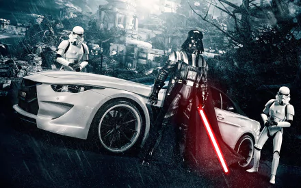 Star Wars-themed HD desktop wallpaper featuring Darth Vader with a red lightsaber, stormtroopers, and a sleek white BMW M6 vehicle in a dark, futuristic setting.