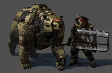 Sci-Fi 4K Ultra HD PC desktop wallpaper: armored robotic bear companion beside an armored trooper holding a riot shield on a neutral gray background.