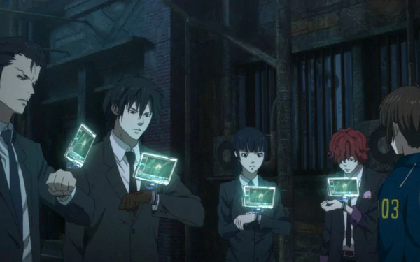 Anime HD PC desktop wallpaper background: scene from Psycho-Pass Movie — five investigators in a shadowy alley holding glowing holographic panels.