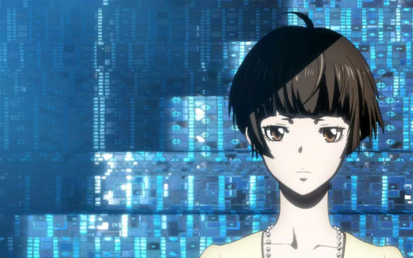 Anime portrait of a short-haired woman from Psycho-Pass Movie set against a blue, data-like digital backdrop — HD PC desktop wallpaper/background.