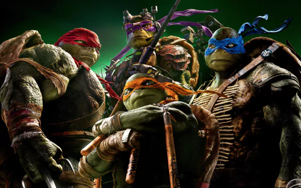 HD wallpaper featuring the Teenage Mutant Ninja Turtles from the 2014 movie, showcasing the four iconic characters in a dynamic pose against a vibrant background.