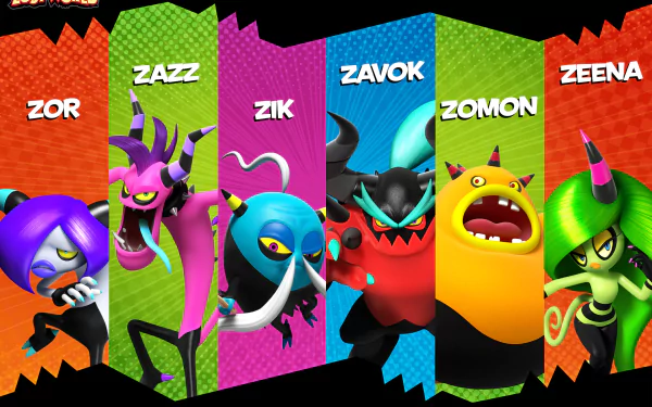 Colorful HD wallpaper featuring Zor, Zazz, Zik, Zavok, Zomon, and Zeena from Sonic the Hedgehog, showcasing characters from Sonic Lost World.