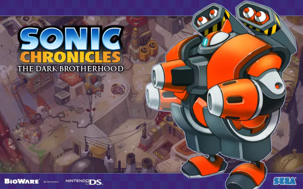 HD PC desktop wallpaper for Sonic Chronicles: The Dark Brotherhood, showing the game's logo and a large orange robotic character over an isometric cityscape.